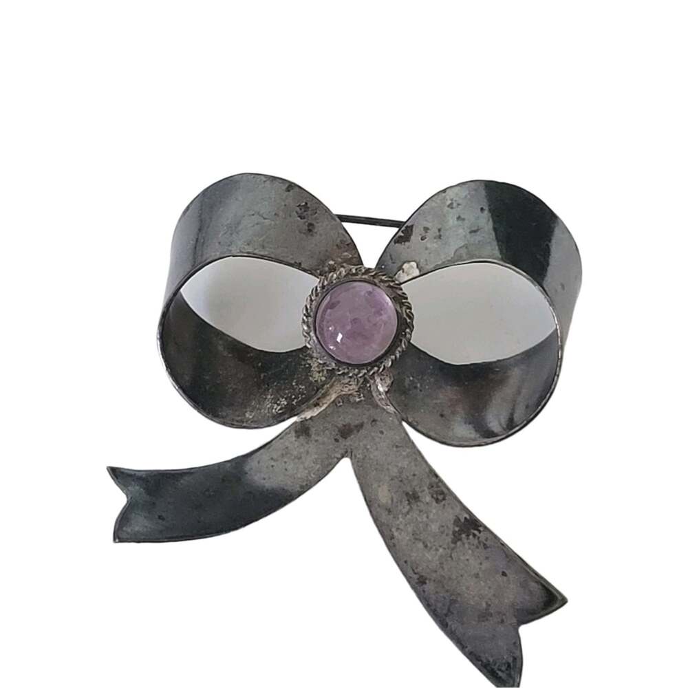 Antique Silver Ribbon Brooch Pin Amethyst Mexico 2.5" X 2.25"